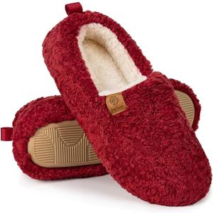 EverFoams Womens Soft Curly Full Slippers Memory Foam Lightweight House Shoes Cozy Loafer with Polar Fleece Lining (8.5, Red)