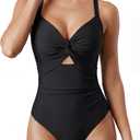OQQ Womens One Piece Swimsuit Tummy Control V Neck Twist Front Bathing Suit Cutout Full Coverage Slimming Swimwear (Medium, Black)