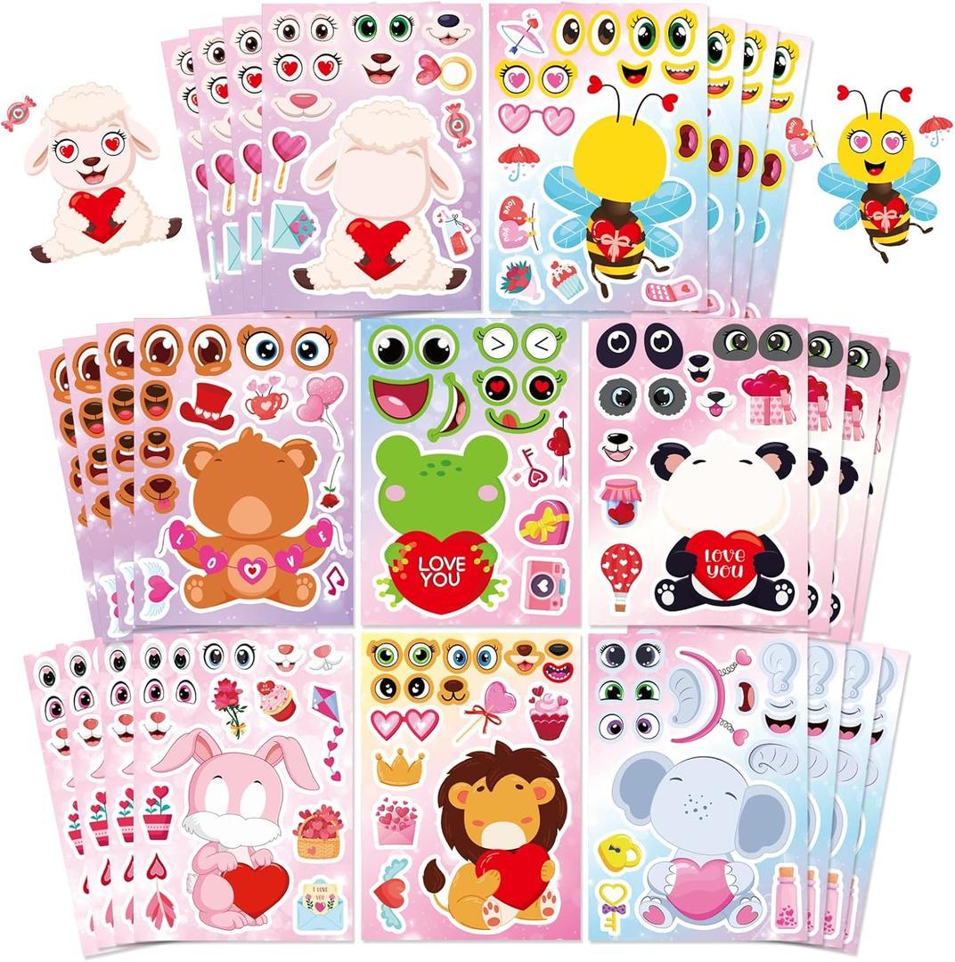32 Sheets Valentine Stickers for Kids Toddlers, Make a Face Stickers, Animal Love Heart Stickers, Make Your Own Animal Stickers Party Decorations Supplies