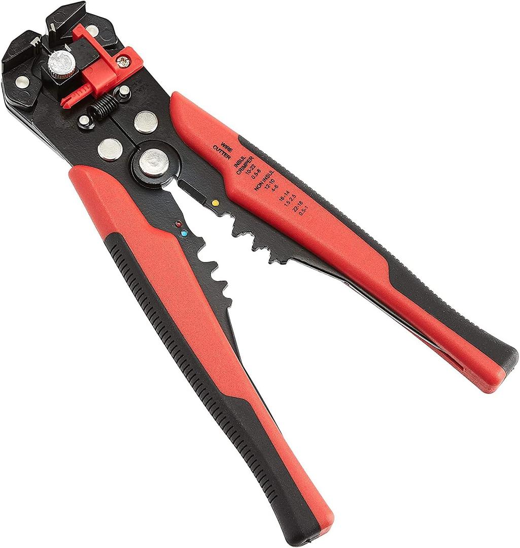 Amazon Basics Professional Self-Adjusting Wire Stripper and Crimping Tool, Strips 10-24 AWG, Black/Red