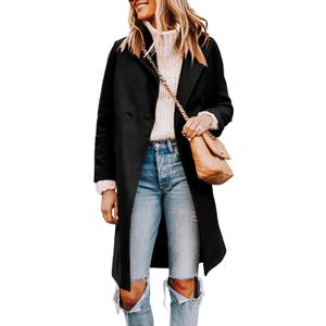 Tanming Women's Notch Lapel Double Breasted Wool Blend Mid Long Pea Trench Coat (Large, Black)