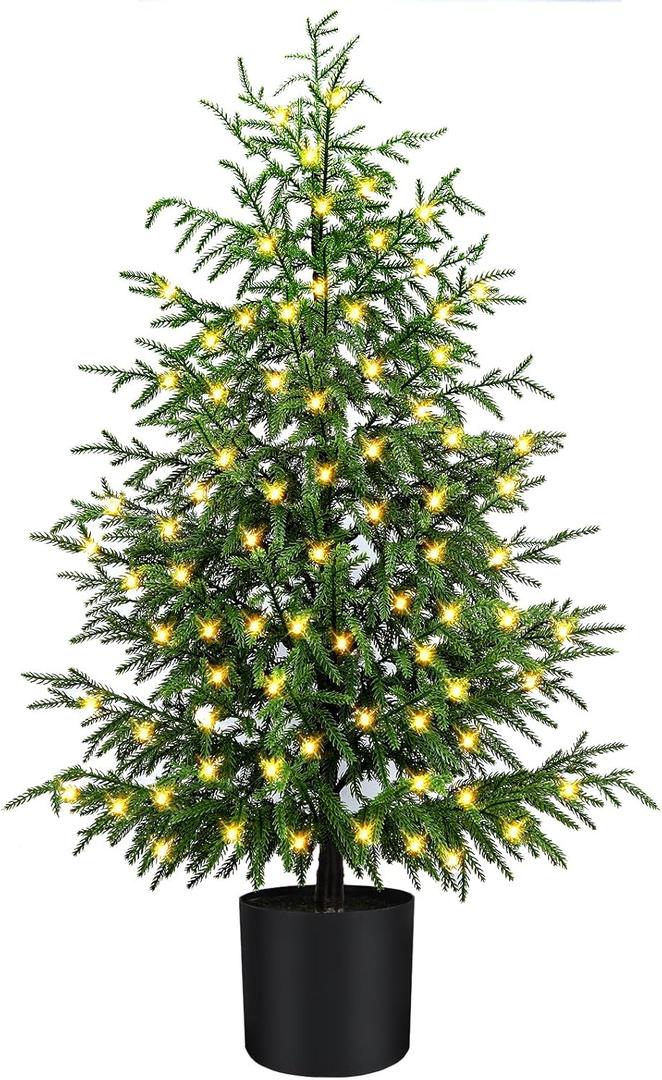 ENVEN 4FT Pre-Lit Artificial Norfolk Pine Christmas Tree Realistic Potted Tree with 100 LED Lights & 8-Function Battery Box, Pre-Assembled Faux Holiday Dcor for Indoor Use