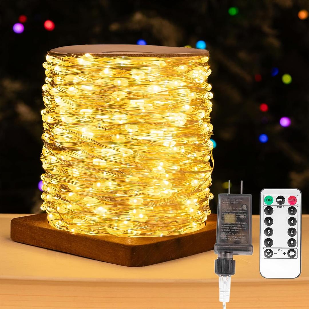 Fairy Lights Plug in,100FT 300LEDs Waterproof Led String Lights,8 Modes Remote Twinkle Light for Outdoor Indoor Christmas Wedding Birthday Garden Party Decorations,Silver Wire,Warm White