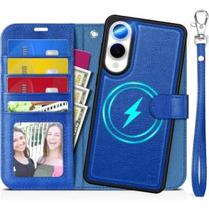 TUCCH Case Wallet for Galaxy S25 Edge, Removable [2 in 1] [Wireless Charging] Wrist Strap PU Leather Magnetic Stand RFID Blocking [4 Card Slots] Detachable Folio for Galaxy S25 Edge 6.7", Klein Blue