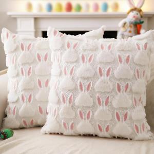 Easter Pillow Covers 18x18 inch Set of 2 Easter Decorations Pink Ears White Rabbit Soft Plush Faux Fur Jacquard Throw Pillows for Bedroom Sofa Holiday Festivals Home Decor