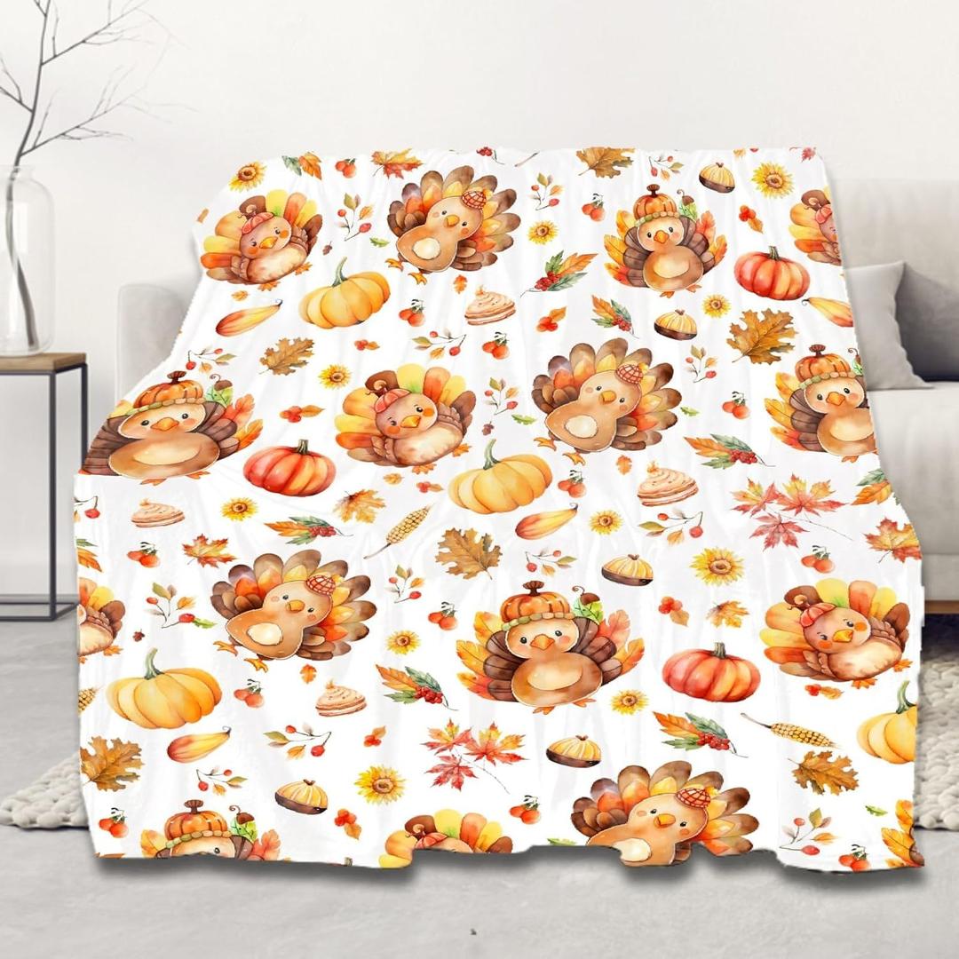 Thanksgiving Blanket, Cute Turkey Pumpkin Blankets,Thanksgiving Gifts, Soft Plush Flannel Leaves Pattern Quilts for Bed Sofa Chair Room Decoration, 30"x40"