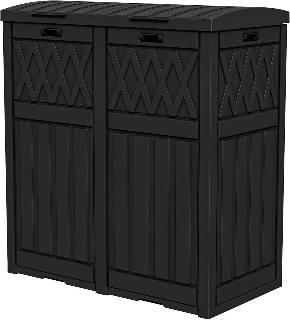 DWVO 76 Gallon Garbage Dual Can, Resin Outdoor Trash Can with Tiered Lid and Drip Tray, Waterproof Trash Bin for Patio, Kitchen, Backyard (Black)