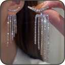 Silver Rhinestone Crystal Dangle Drop Earrings - Long Sparkly Tassel Bling for Prom, Wedding, Party