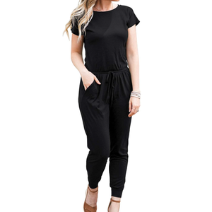 Womens Casual Short Sleeve Jumpsuits Elastic Waist Jumpsuit with Pockets M