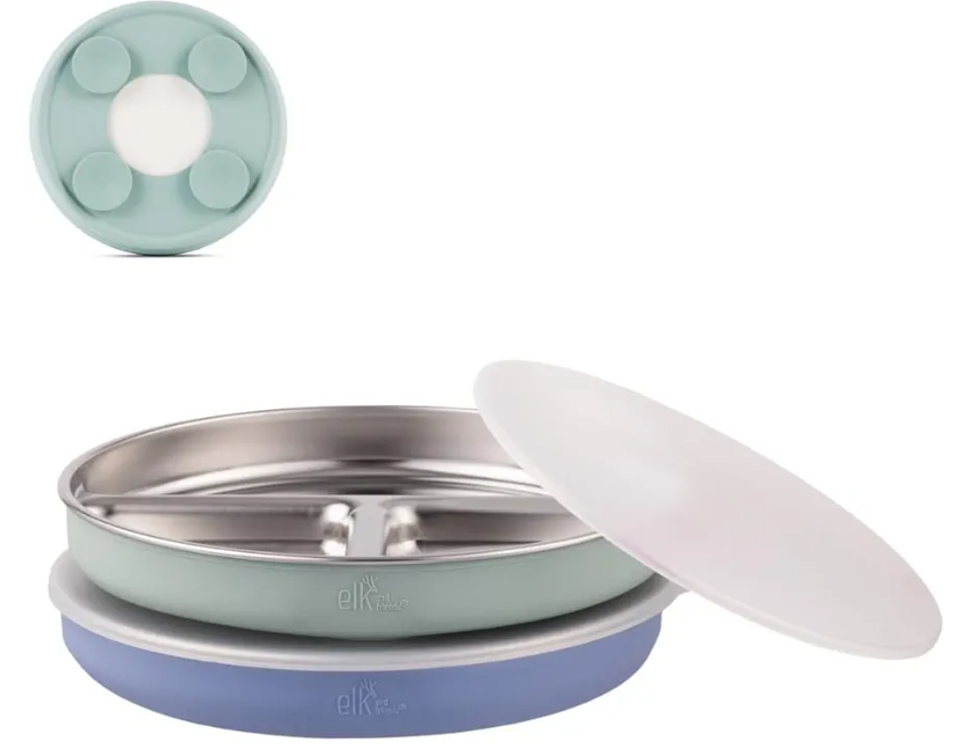 Elk and Friends Stainless Steel Divided Plates with Silicone Sleeve for Babies & Toddlers | Lids Included | Stay Put Suction | Dinner & Snack Plates | 2 Pack