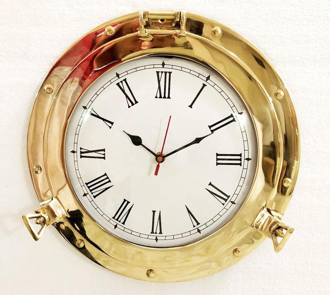 Nagina International 12" Antique Marine Solid Brass Ship Porthole Analog Clock Nautical Wall Hanging Clock Home Decor (12 inches (Diameter))