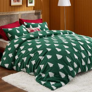 Bedsure Fluffy Christmas Comforter Set Queen - Green Bedding with Christmas Tree, Warm Flannel Fleece Bed Sets for Winter, 3 Pieces, 1 Soft Plush Shaggy Comforter with 2 Pillowcases