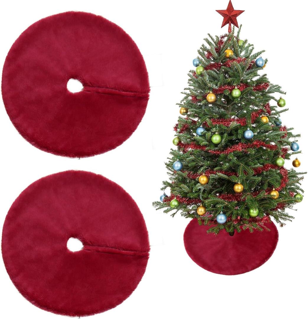 2 Pcs Christmas Tree Skirt 15 Inch Mini Xmas Tree Skirt Wine Red Faux Fur Plush Velvet Skirt for Christmas Tree Decorations