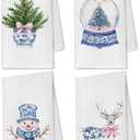 Chinoiserie Christmas Kitchen Towels, Blue and White Christmas Hand Towels for Bathroom, Coquette Pink Bow Christmas Dish Tea Towels for Kitchen, Grand Millenial Decor, 16x24 Inch Set of 4