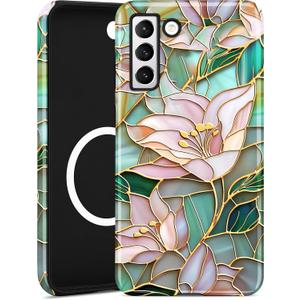Compatible with MagSafe Case for Samsung Galaxy S21, Cute Aesthetic Stained Glass Lily Flower Magnetic Design Phone Case, Soft TPU and Hard PC Protective Phone Cover for Women Girls