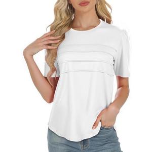 Short Sleeve Shirts for Women, Trendy Spring Summer Tops, Dressy Casual Blouses, Flowy Pleated Scoop Neck Work Outfits L