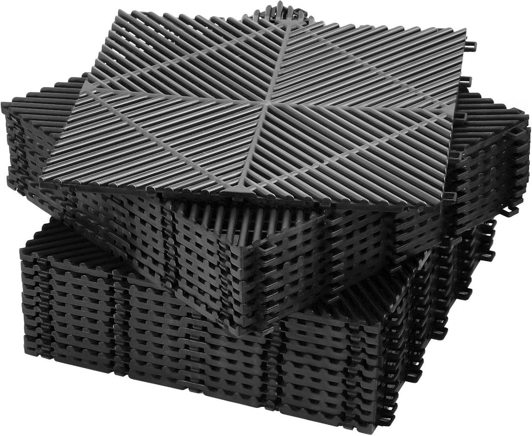 Barydat 72 Pcs 12'' x 12'' Garage Floor Tiles, Interlocking Drainage Flooring, Heavy Duty Non Slip Polypropylene, Easy Install for Garage Deck, Pool, Patio, Shower (Black)