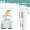 BLUEGO 32oz Glass Water Bottle with Handle and Straw|Leakproof Sports Glass Bottle with Time Marker and Silicone Sleeve|Glass Drinking Bottle for Travel, Gym, Workout, White