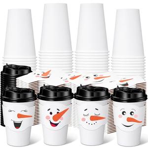 Potchen 48 Sets 12 oz Christmas Disposable Paper Cups White Snowman Coffee Cups with Lids and Sleeves Bulk for Hot Cold Tea Drinking Winter Birthday Wedding Holiday Party Favors