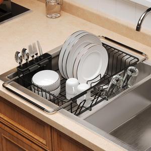 Over the Sink Expandable Dish Drainer Drying Rack In Stainless Steel for Small Kitchen, Counter Space Saving Modern Compact Metal Above Plate Dryer Strainer, Adjustable Hanging Inside Drain Holder, 16.9"D x 12.2"W x 4.1"H