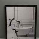 Framed Bathroom Decor Wall Art, Black and White Bathroom Decor, Funny Wall Decoration Animal Penguin in Bathtub, Cute Animal Wall Art for Kid's Room (Framed,11''x14'')