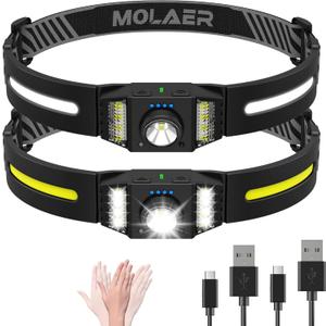 LED Headlamp Rechargeable 2PCS, Wide Beam Bright Headlight Flashlight with White Red Light, Lightweight, Weatherproof, 9 Modes Motion Sensor Head Lamp for Outdoor Camping Running