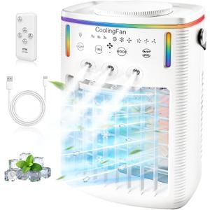 2026 New 1500ML Small Portable Air Conditioner, Portable AC for Car, Cooling Fan for Bedroom with 3 Modes & 3 Speeds, 7-Color LED Light & Remote Control for Office, Camping & Travel (1PCS)