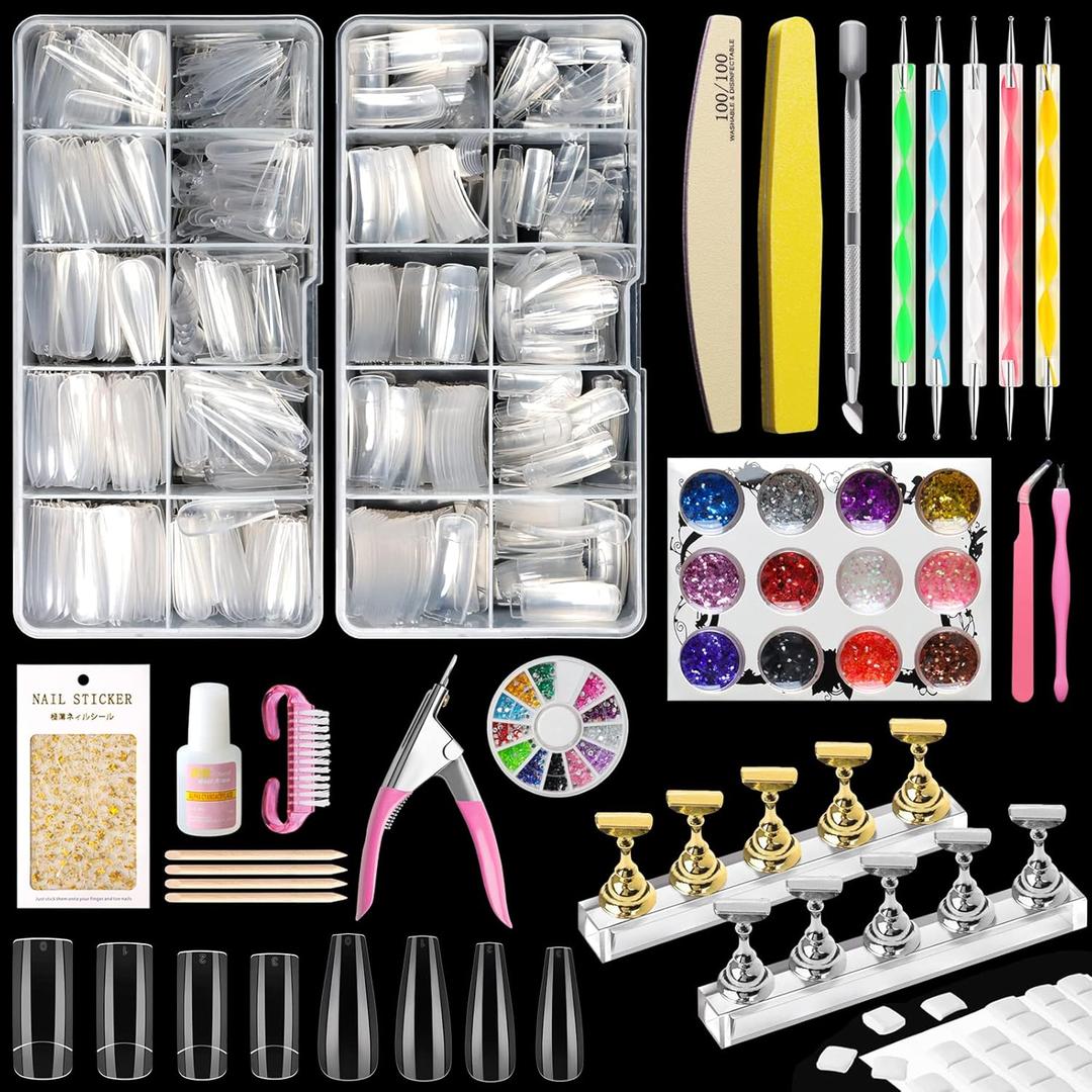 Kalolary Clear Coffin & Square Nail Tips Kit, 1000pcs Full Cover, DIY Nail Art Practice Set with Tools & Accessories