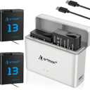 Artman Hero 13 Battery 2300mAh 2-Pack for GoPro Hero13 Black Camera with 2-Slot Pocket Storage Fast Charger, Fully Compatible with GoPro Hero 13 Battery and Charger