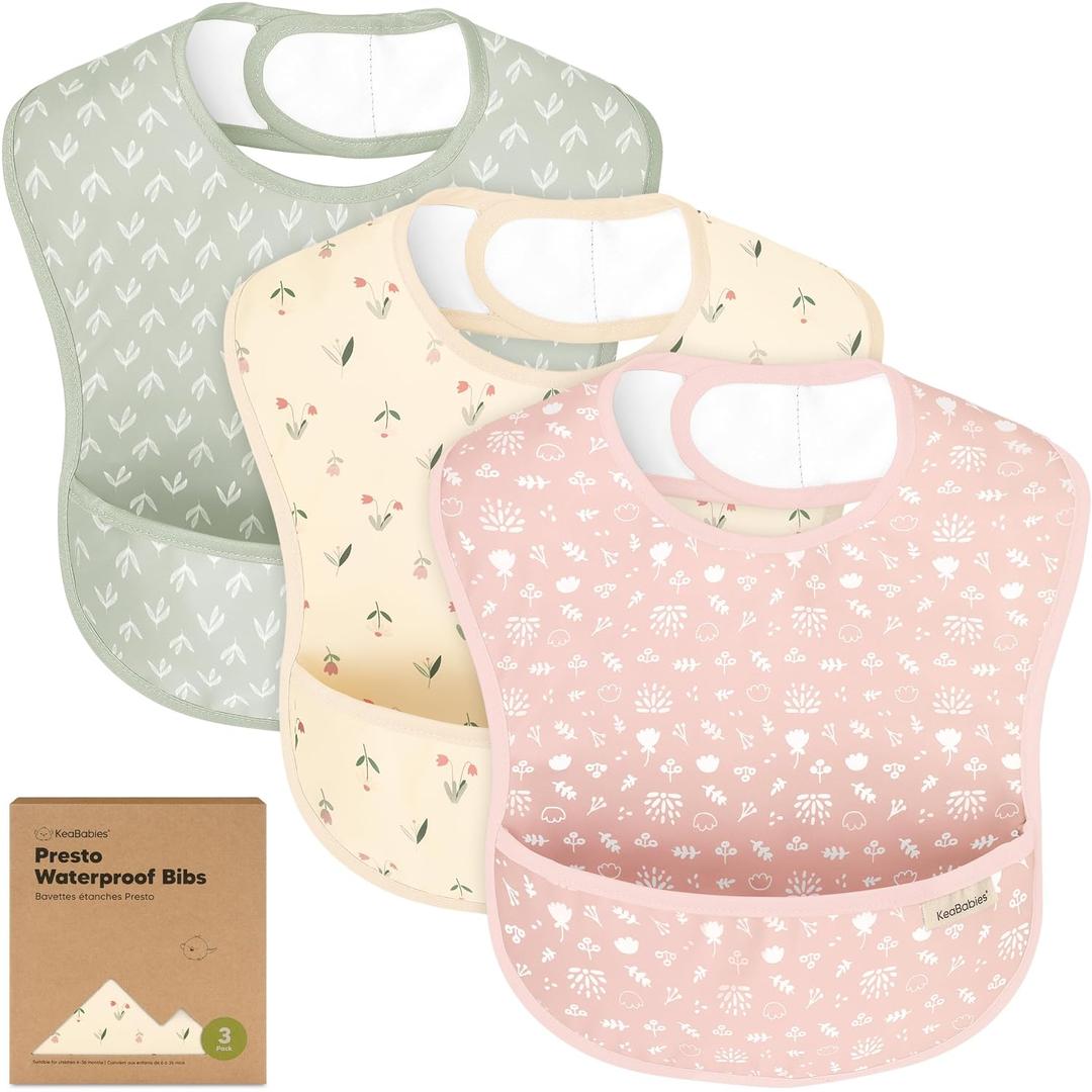 KeaBabies 3-Pack Waterproof Baby Bibs for Eating - Lightweight Toddler Feeding Bibs with Large Food Catcher, Mess Proof, Food-Grade Baby Eating Essentials, Easy to Put On & Clean (Fleur)