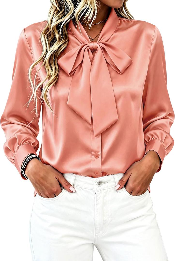 CBOO Women's Bow Tie Neck Button Down Shirts Silk Blouses Long Sleeve Elegant Satin Blouse Casual Dressy Business Tops (Pink, S)