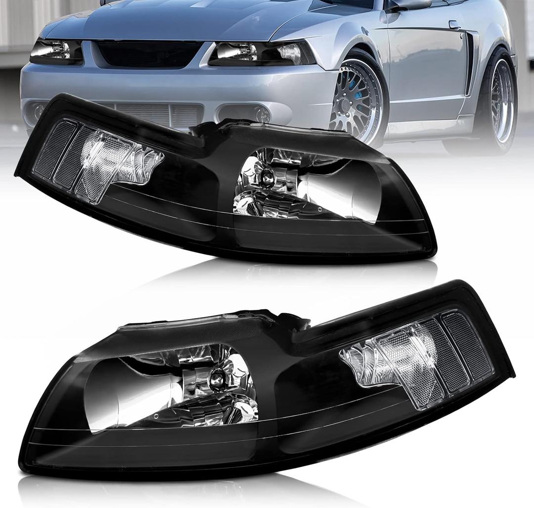 AS for 1999-2004 Ford Mustang with Black Housing Clear Reflector Clear Lens Driver and Passenger Side Headlight Assembly Replacement