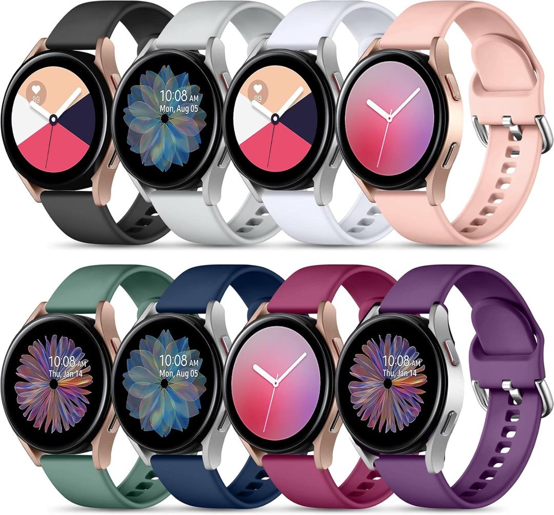 Maledan 8 Pack Band Compatible with Samsung Watch 7 6 5 4 40mm 44mm Bands, Galaxy Watch 5 Pro 45mm/Galaxy Watch 4 6 Classic 42mm 46mm 43mm 47mm/Watch 3, 20mm Soft Silicone Accessories Women Men, Large (Black/Gray/Pink/White/Blue/Plum/Fuchsia/Pine Green)
