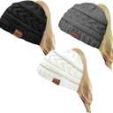 Rosoz 2 Pack Ponytail Beanie for Women,Winter Warm Beanie Tail Soft Stretch Cable Knit Messy High Bun Hat, 7 3/4-7 7/8, 3 Pack, Black/Grey/White