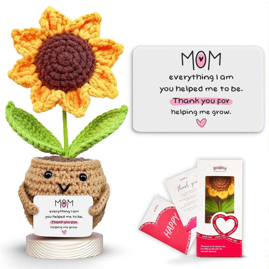Gossby Gift for Mom from Daughter, Son, Kids - Mother's Day Basket Stuffers - Thank You MOM Sunflower Crochet - Christmas, Birthday Gift Idea for Mama - Knitted Crochet Doll with Sentimental Message