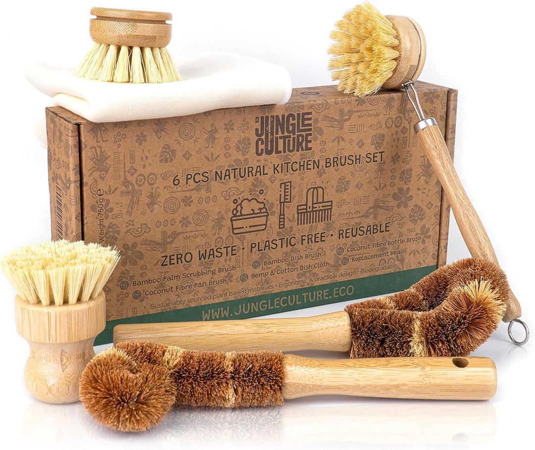 Jungle Culture 6 Pack Bamboo Dish Brush Set for Washing Up  Natural Wooden Dish Brushes for Pans & Dishes  Eco Friendly Dish Scrubber for Bottles, Pots & Vegetables  Non Toxic & Plastic Free