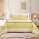 Quilt Set Queen Size - Queen Quilts Bedding Set, 100% Cotton Reversible Luxury Comforter Set, Farmhouse Floral Boho Striped Patchwork Bedspreads Set with Shams for All Season, Yellow