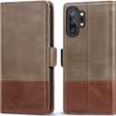 KEZiHOME Genuine Leather Wallet Case for Samsung Galaxy Note 10 Plus 5G with RFID Blocking and Credit Card Slot - Flip Magnetic Stand - Gray/Brown