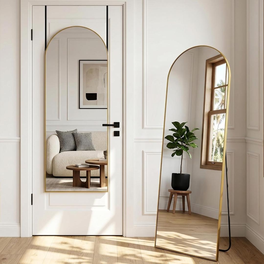 58"x20" Arched Full Length Door Mirror, Over-the-Door Hanging, Floor Standing, Wall Mounted or Leaning, Metal Frame Body Mirror for Bedroom, Living Room, Closet, Dorm, Gold