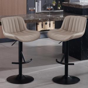 Bar Stools Black Base and Footrest,Faux Leather Bar Chair with Walnut Wood Backrest,Swivel Adjustable Height for Home Kitchen Counter,Dining Room,Restaurant,Study and Pub,Set of 2 (Khaki)