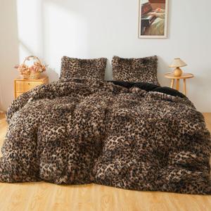 XeGe Fluffy Faux Fur Cheetah Print Duvet Cover Set, 1 Plush Fuzzy Soft Leopard Comforter Cover and 2 Furry Pillowcases, 3 Pieces Luxury Farmhouse Shaggy Bedding Set with Zipper, Brown and Black, Queen