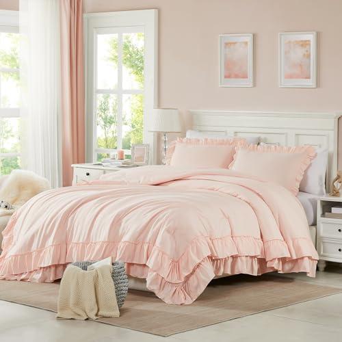 Cupocupa Blush Pink Comforter Set Queen, 3Pcs Comforters Queen Size Ruffle Farmhouse Bedding Sets Queen with Comforter, Lightweight Soft Shabby Chic Bedding Comforter Set Fluffy for All Season