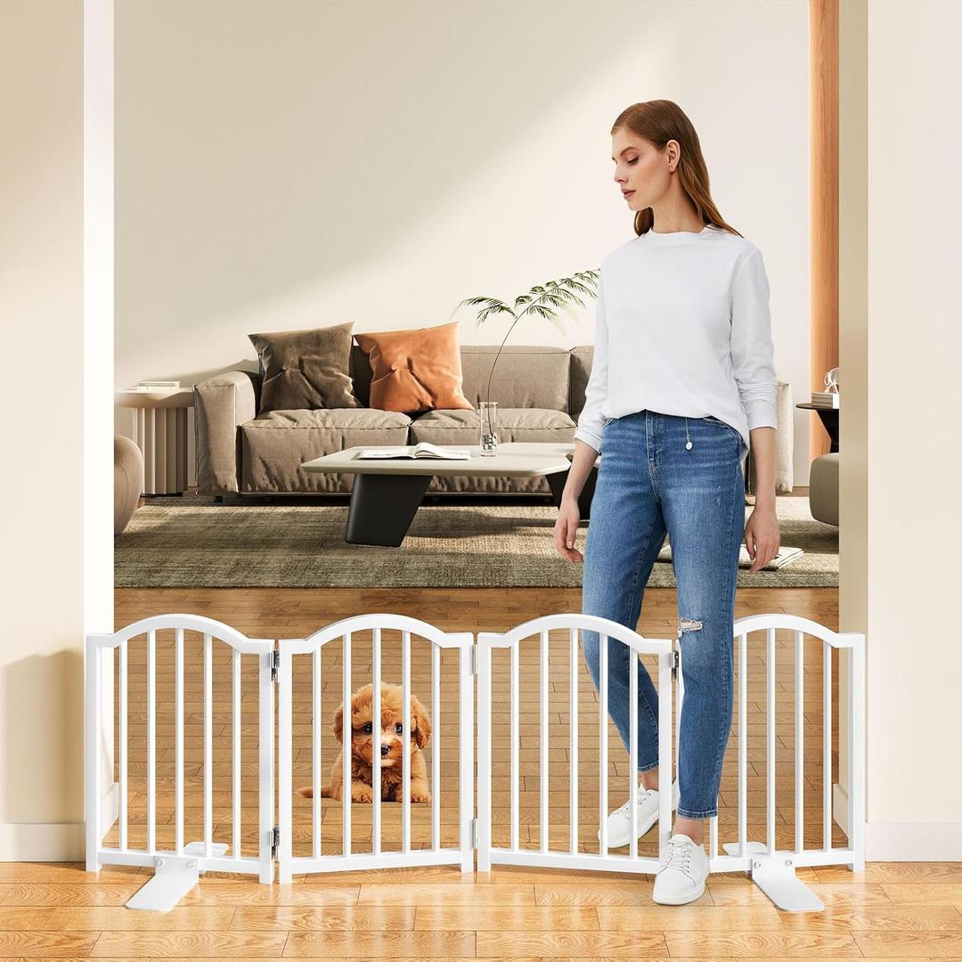 Snughome Short Dog Gate Indoor, 16" High Freestanding Small Dog Door Gates with Support Feet, Expands Up to 48 Wide Foldable Pet Gate for Doorway, 4 Panel Folding Pet Door Pet Fence for Puppy, White