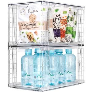 2Pack Large Stackable Kitchen Storage Drawers, Clear Foods Organizer Bins with Handles, Easily Assemble for Bathroom, Kitchen, Pantry, Cabinet, Closet(XL-UP Handle)