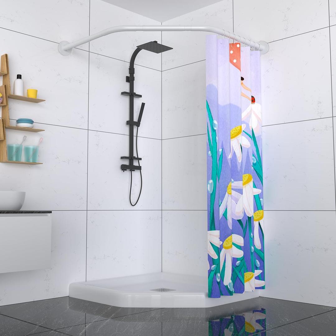 Corner Shower Curtain Rod Adjustable Stainless Steel Diamond Shaped Rack Drill Free Install for Bathroom, Bathtub, Clothing Store (Diamond Shaped White, Both Sides: 17"-25.6",Middle:20"-26)