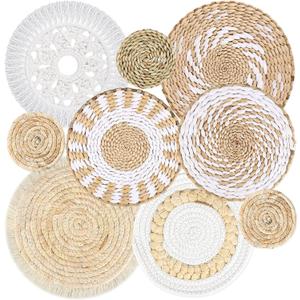MJOGGOTT 9 Pcs Boho Wall Basket Decor Hanging Woven Wall Basket Art Decor Rattan Wicker Seagrass Home Round Tassels White Macrame Tapestry Baskets Decoration for Kitchen Home Farmhouse Decoration (Light color)