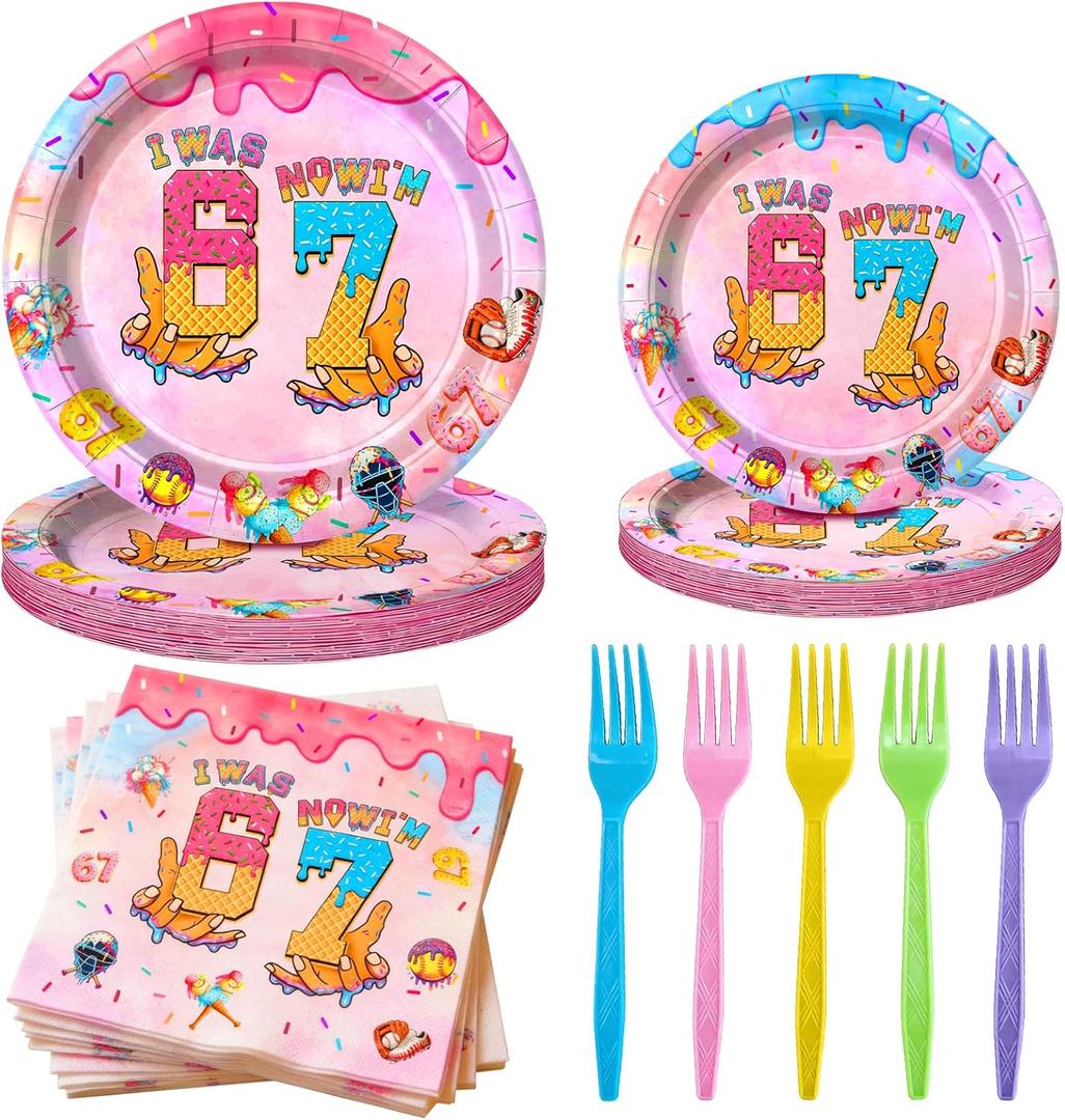100 Pcs Ice Cream Drip 7th Birthday Party Supplies Set,Disposable Paper Plates, Napkins, and Colorful Forks, 6 7 Six Seven Themed Tableware for Kids Birthday Party Decorations