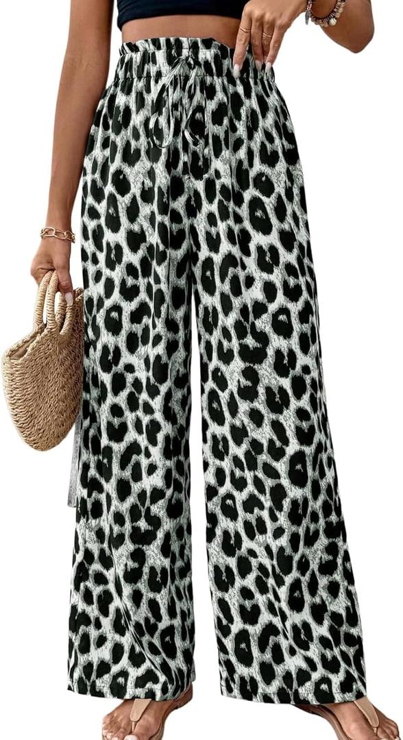 Women's Leopard Print Pants Cheetah Wide Leg Drawstring Casual Lightweight Pants for Beach Office Wear (S)