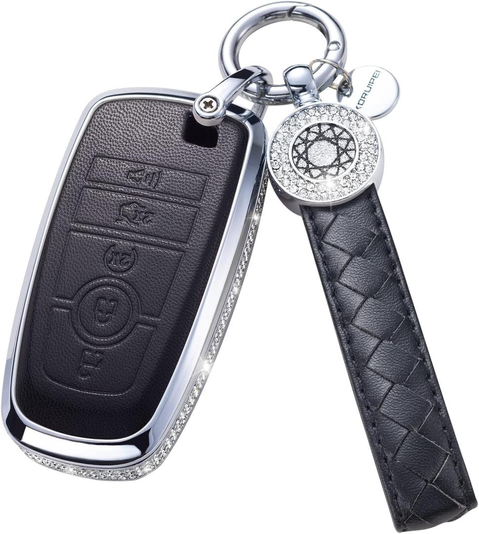 Compatible with Ford Key Fob Cover with Keychain, Black Genuine Leather Crystal Key Case Protection Shell for Ford Fusion F150 F250 F350 F450 F550 Edge Explorer Smart Remote Key