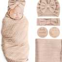 AQOKKA Newborn Receiving Blanket with Bow Hat Headband Wooden Card Set Wheat-Pattern Newborns Toddler Baby Boy Girl Nursery Swaddle Wrap